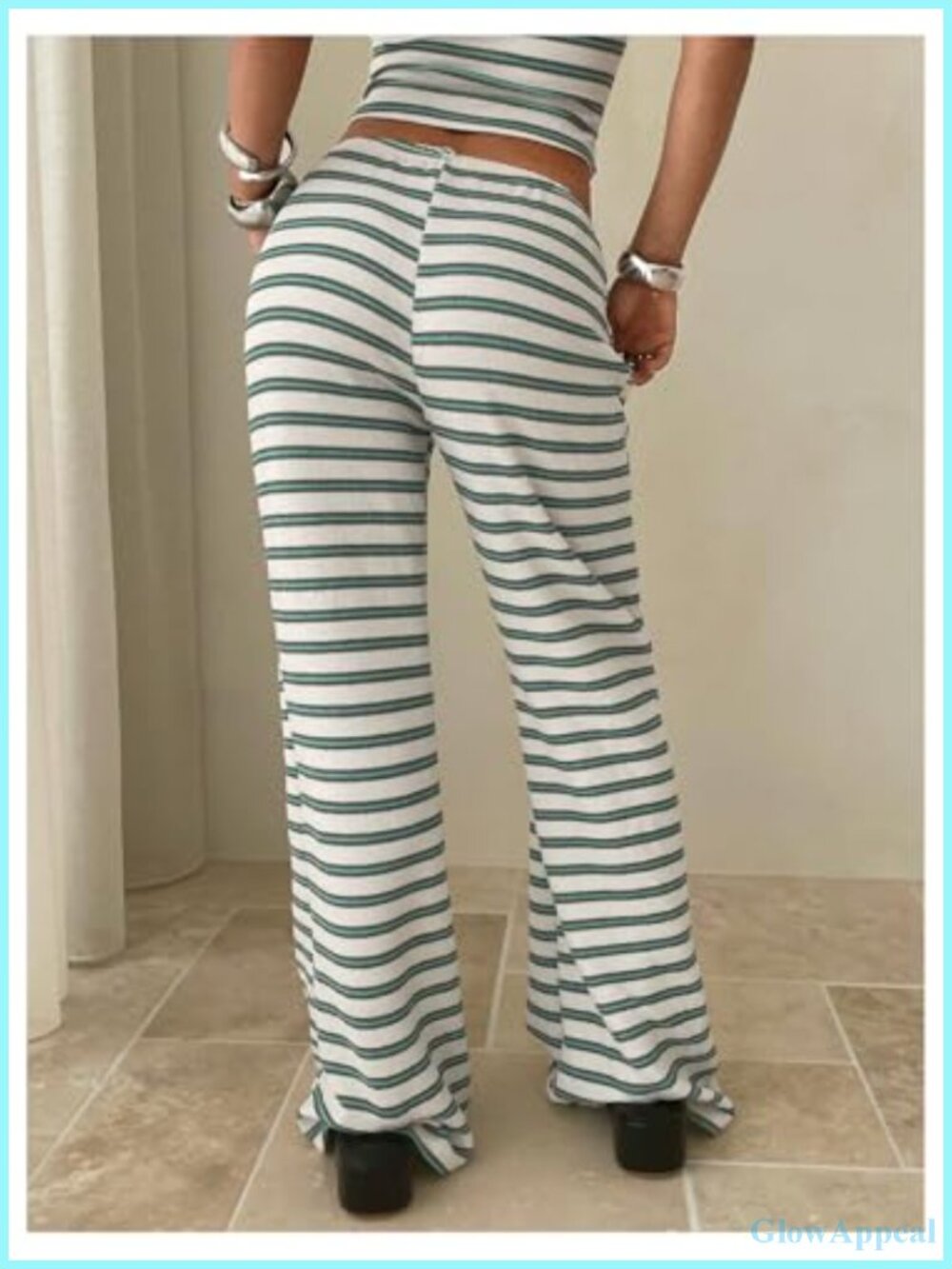 Women's Striped Lounge Set 2 Piece Matching Halter Crop Top and Pants - Picture 2 of 5